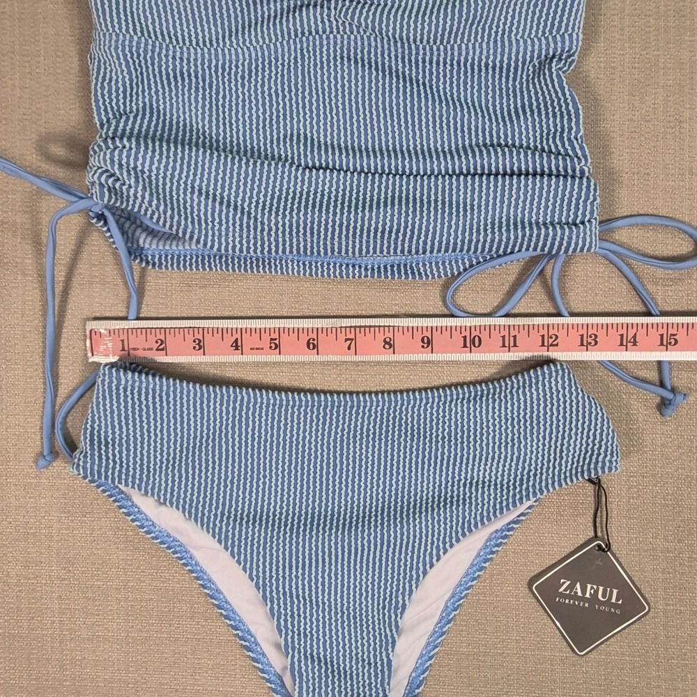 Zaful Womens Blue White Strapless Tankini Tummy Control Swimsuit Set Size S NWT - Picture 4 of 8